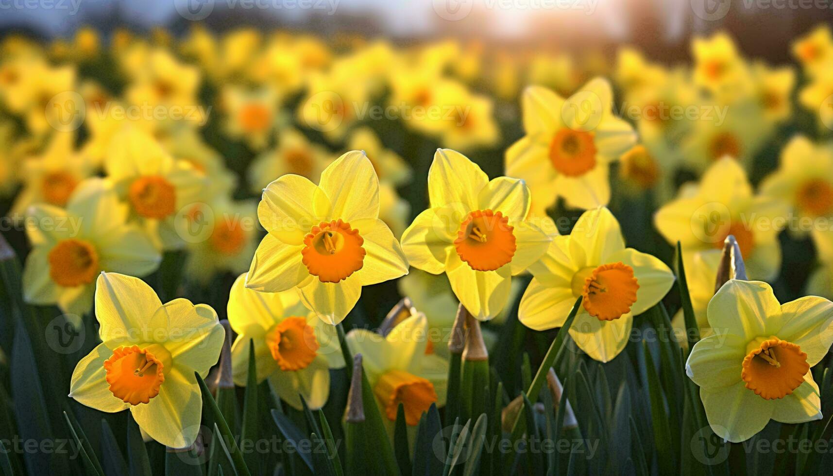 A vibrant field of yellow daffodils illuminated by the golden rays of the sun AI Generated photo