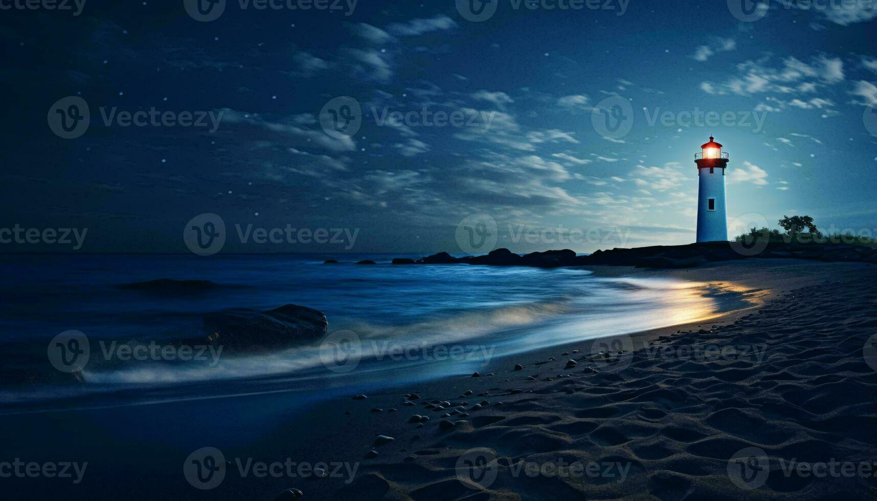 un majestuoso faro esclarecedor un sereno playa debajo el de luna cielo ai generado foto
