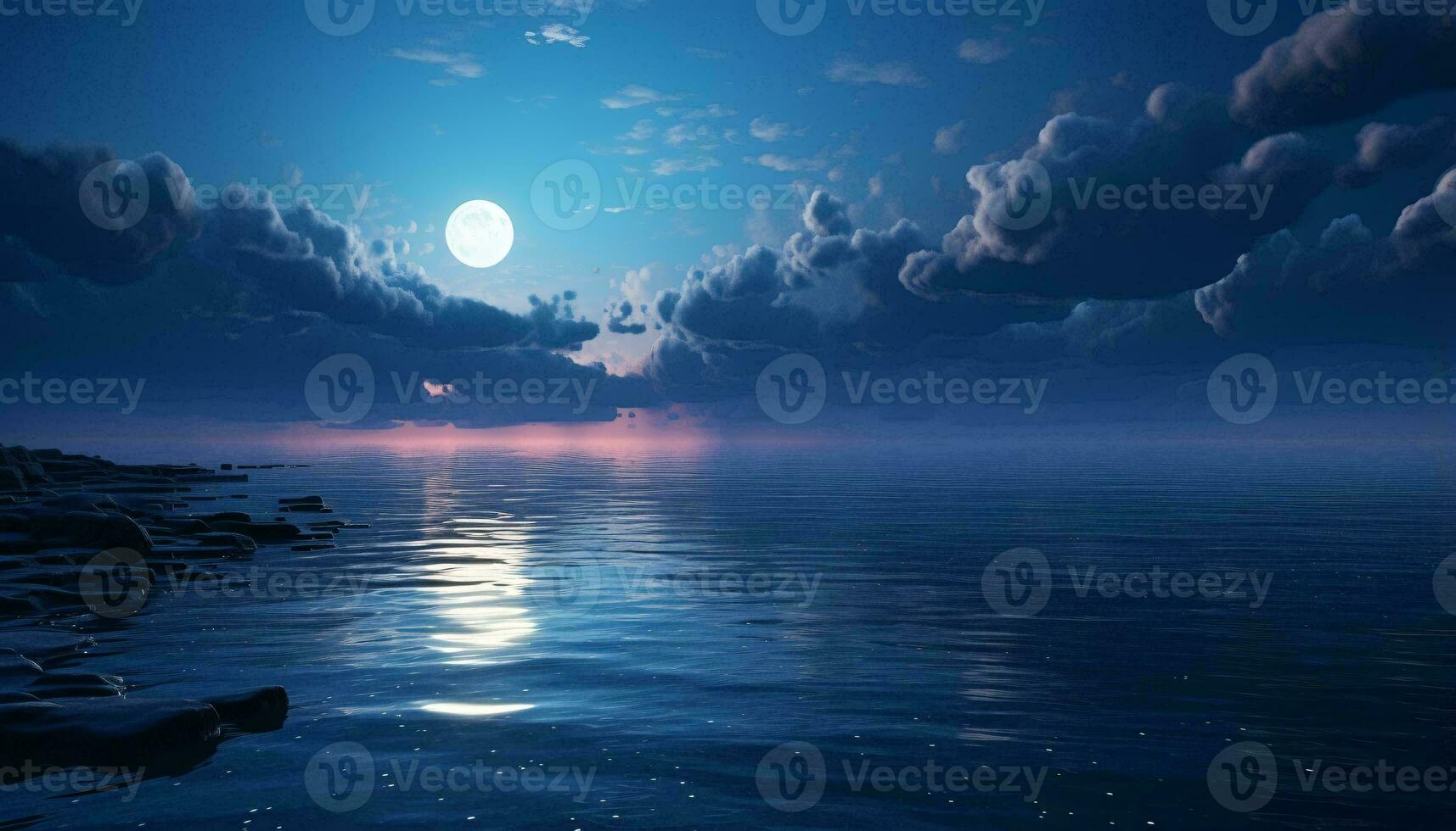 A serene full moon setting over a calm body of water AI Generated photo