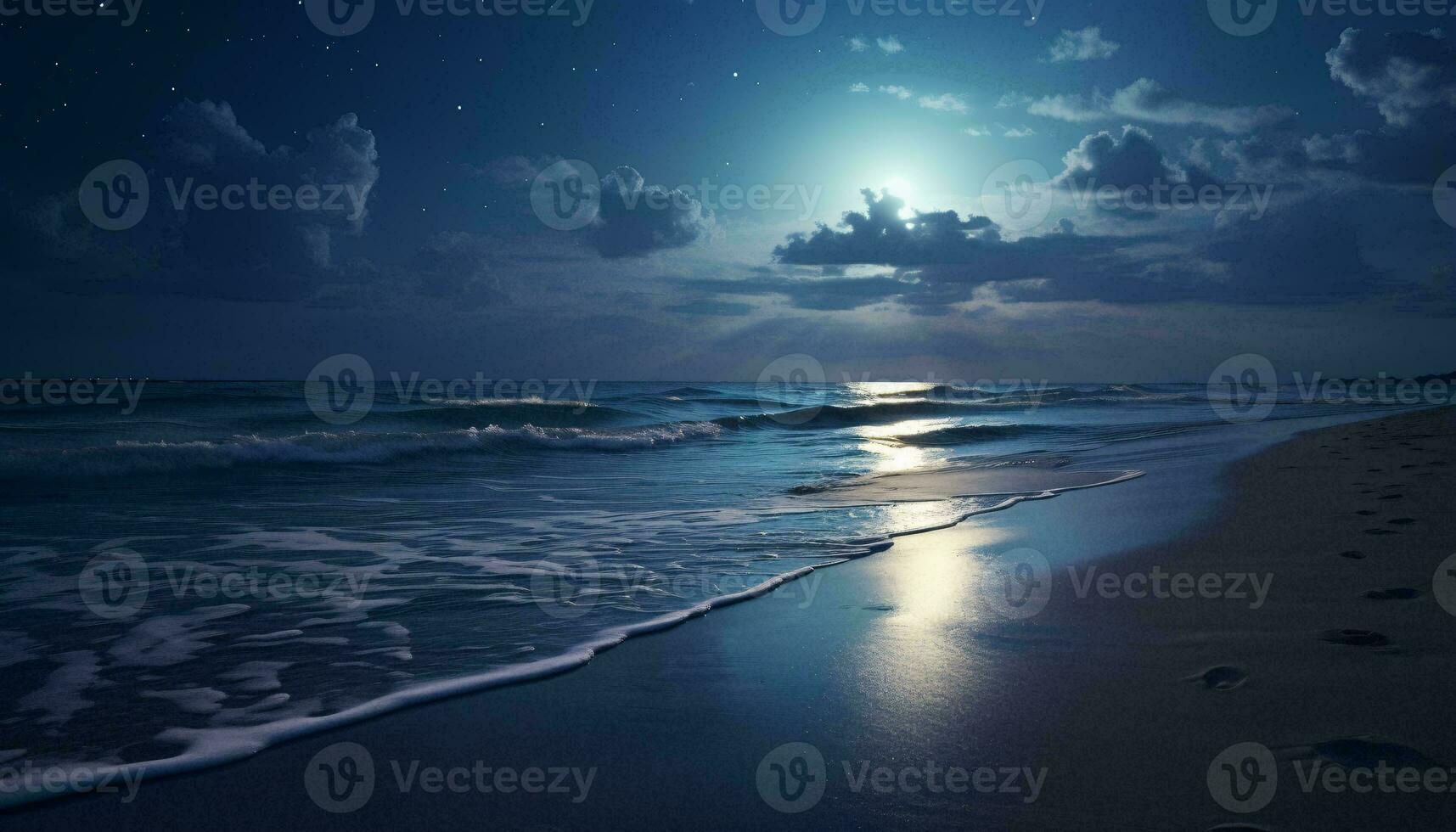 A serene beach illuminated by the radiant glow of a full moon AI Generated photo
