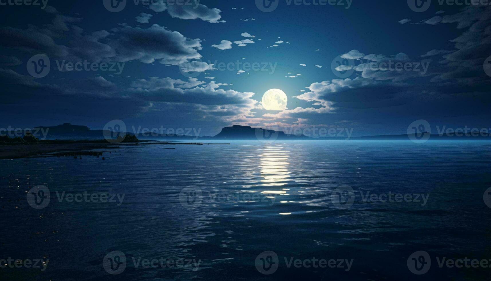 A serene moonlit night with a full moon reflecting on a peaceful body of water AI Generated photo