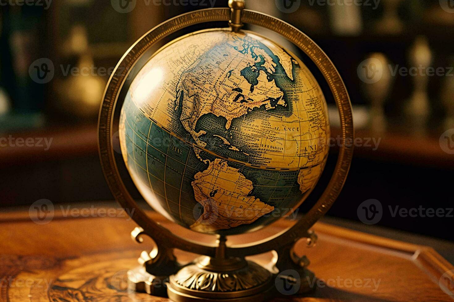 A globe on a wooden table AI Generated photo