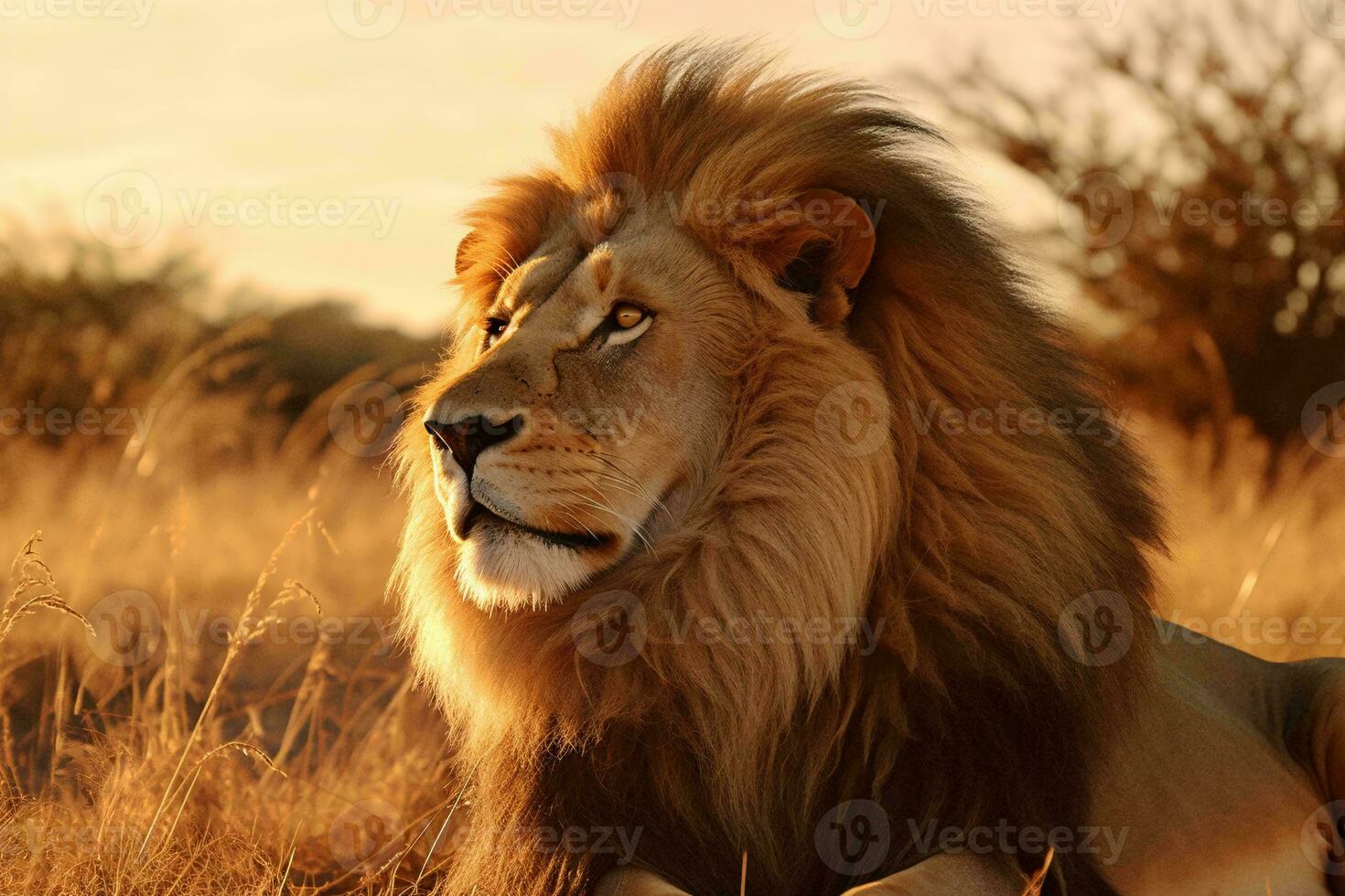 A majestic lion resting in a golden field of grass AI Generated photo
