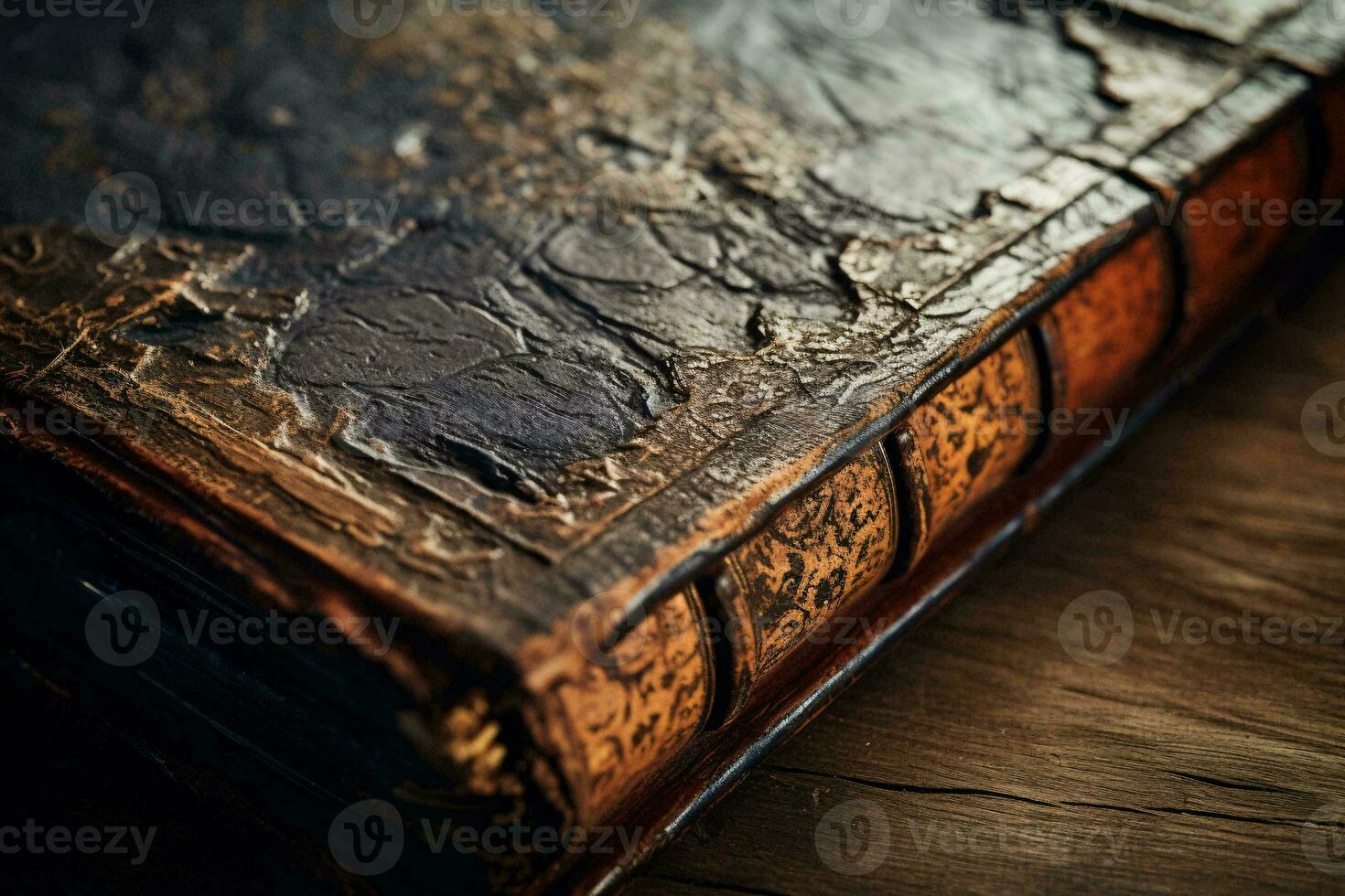An antique book resting on a rustic wooden table AI Generated photo