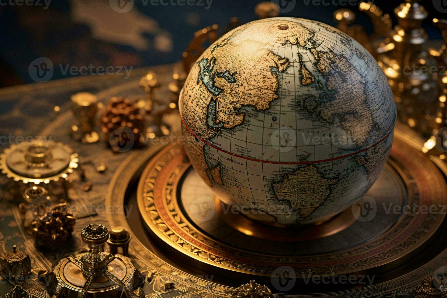 A globe on a wooden table, representing global connections and knowledge AI Generated photo