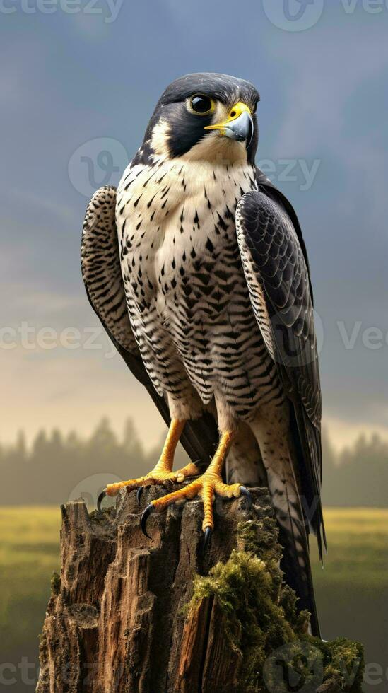 A majestic falcon perched on a tree stump AI Generated photo