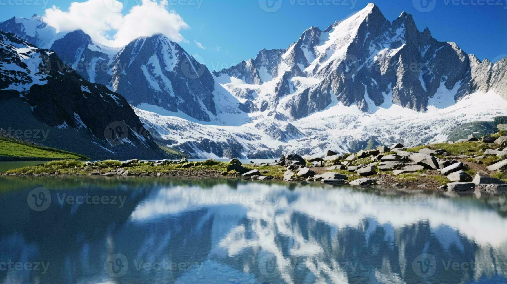 un sereno montaña reflexión en un claro como el cristal lago ai generado foto