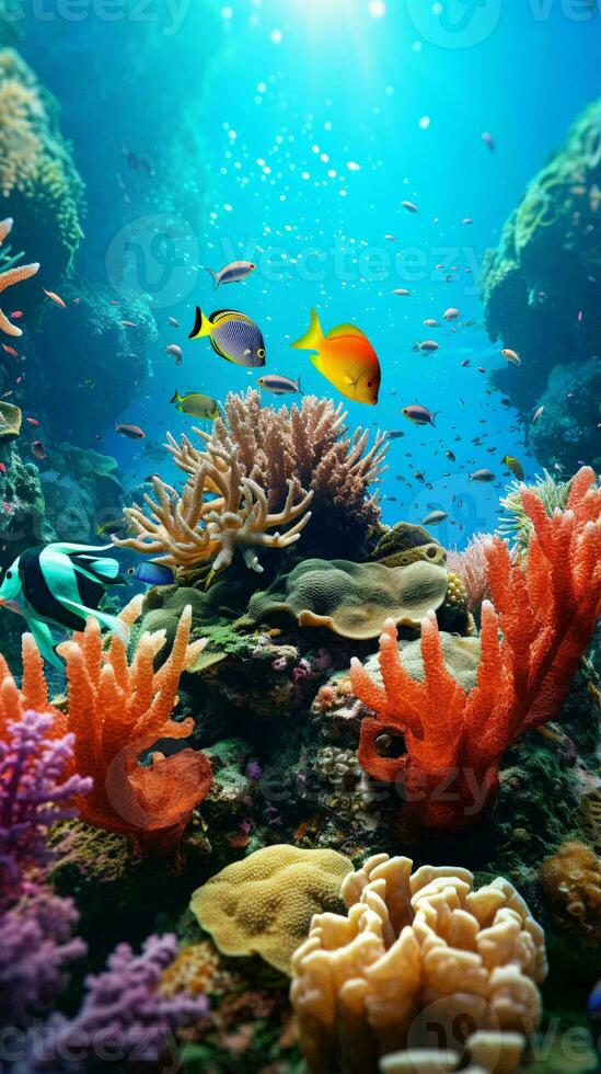A vibrant underwater ecosystem with colorful corals and tropical fish AI Generated photo