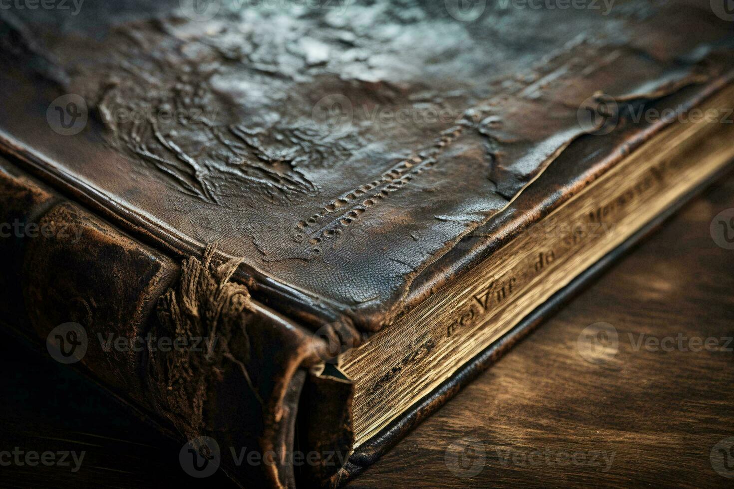 An antique book resting on a rustic wooden table AI Generated photo