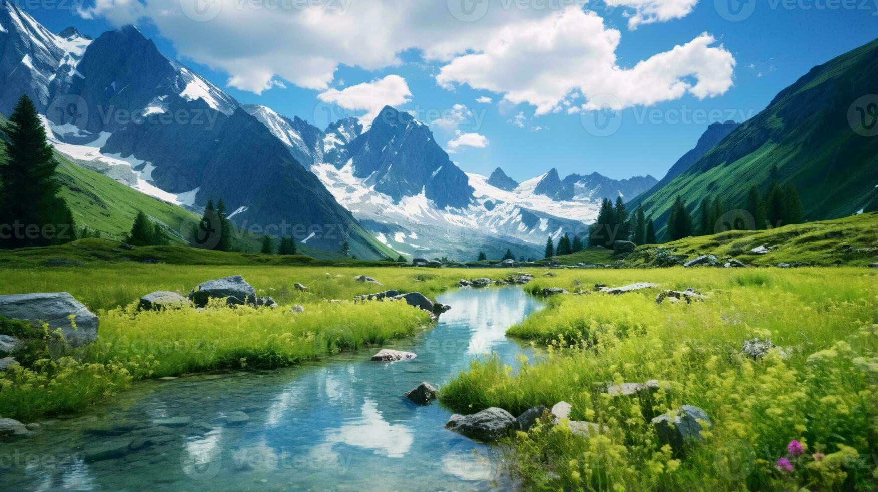 A picturesque mountain valley with a serene stream flowing through AI Generated photo