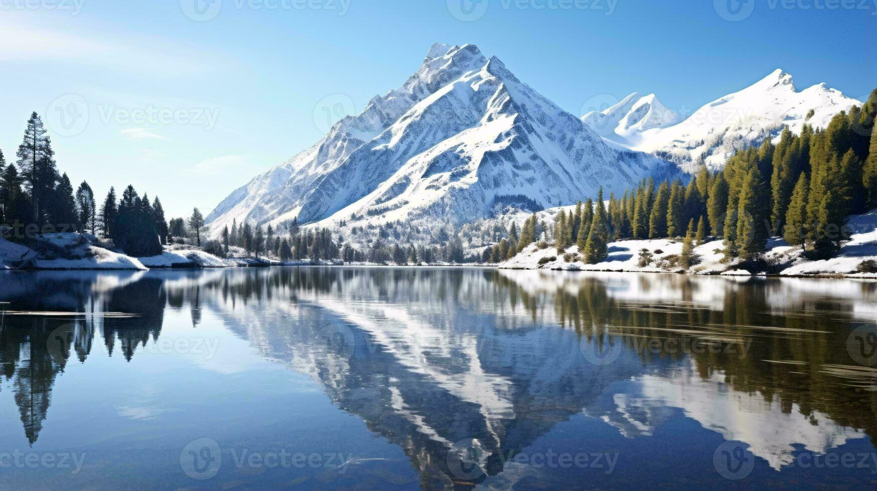 A tranquil lake reflecting the majestic beauty of a mountain range AI Generated photo