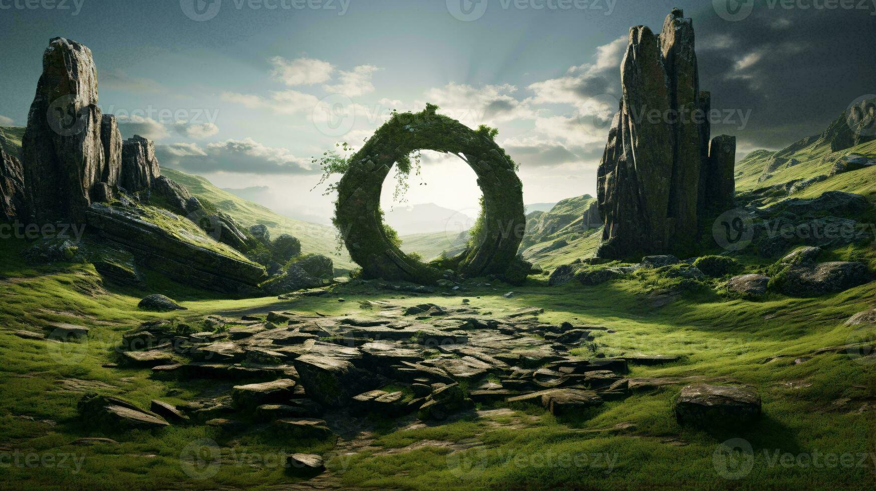 un escénico verde paisaje con rocas y lozano césped ai generado foto