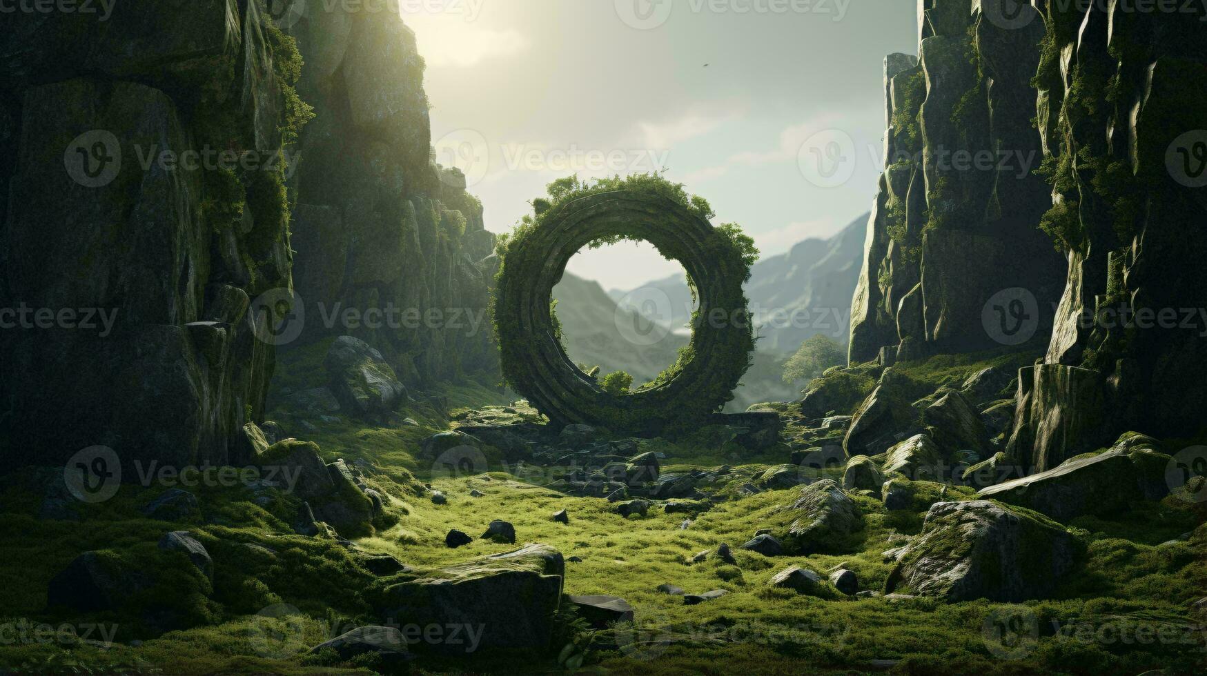 A scenic green landscape with rocks and grass AI Generated photo