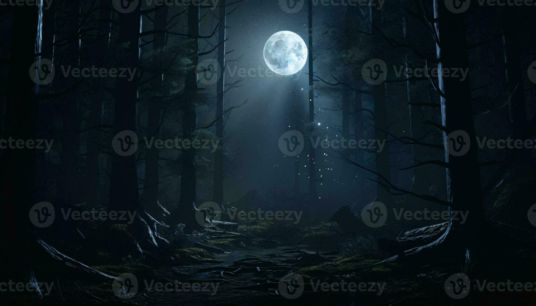 A mysterious forest under the enchanting glow of a full moon AI Generated photo