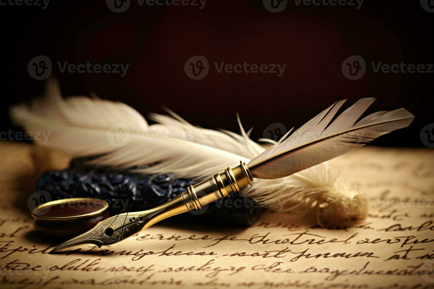 A feather quill resting on a blank sheet of paper AI Generated photo