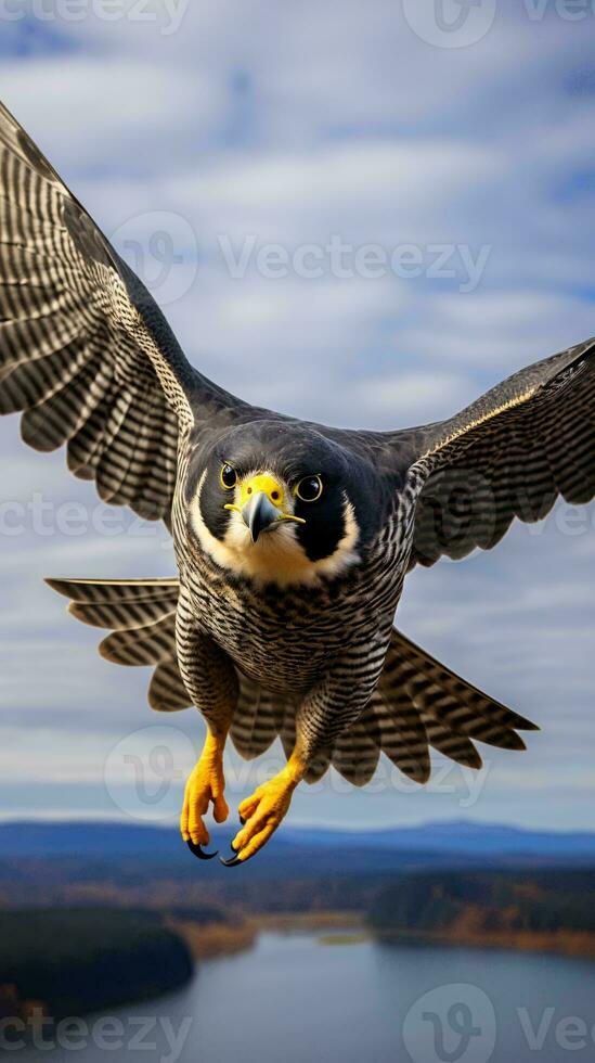 A majestic bird soaring over a tranquil lake AI Generated photo