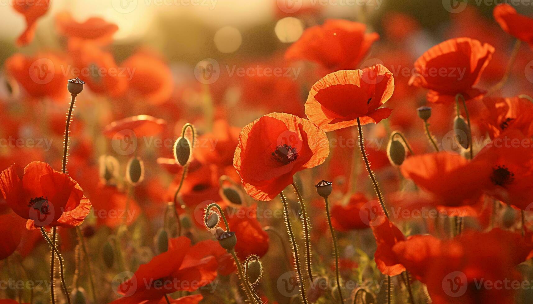 A vibrant field of red flowers illuminated by the setting sun AI Generated photo