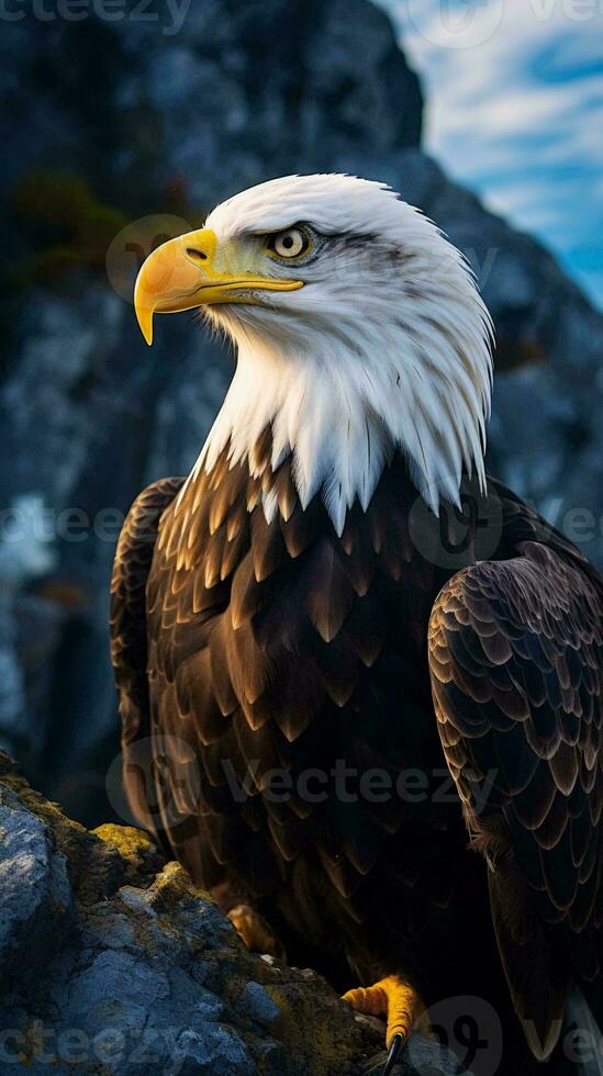 un majestuoso calvo águila encaramado en un escabroso rock ai generado foto