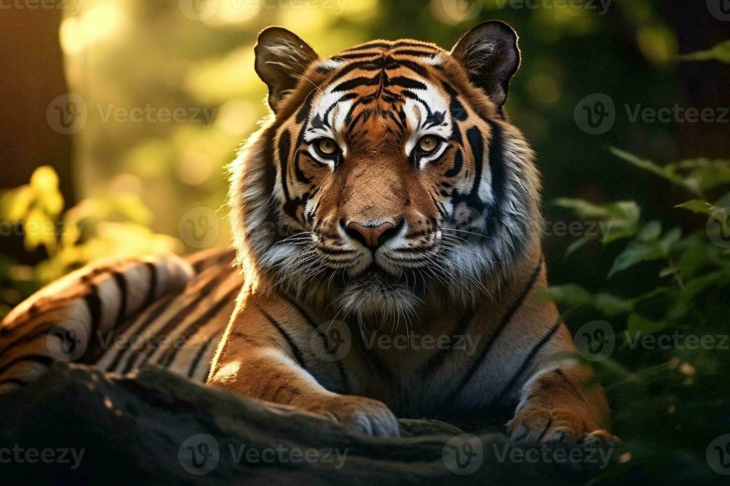 A majestic tiger resting on a rock in the heart of the forest AI Generated photo