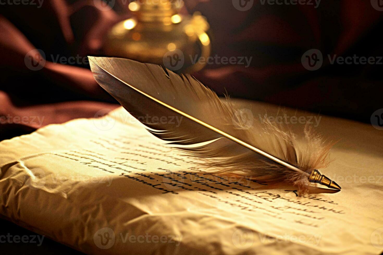 A delicate feather resting on a blank sheet of paper AI Generated photo
