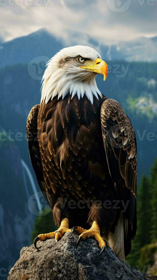 A majestic bald eagle perched on a rugged rock AI Generated photo