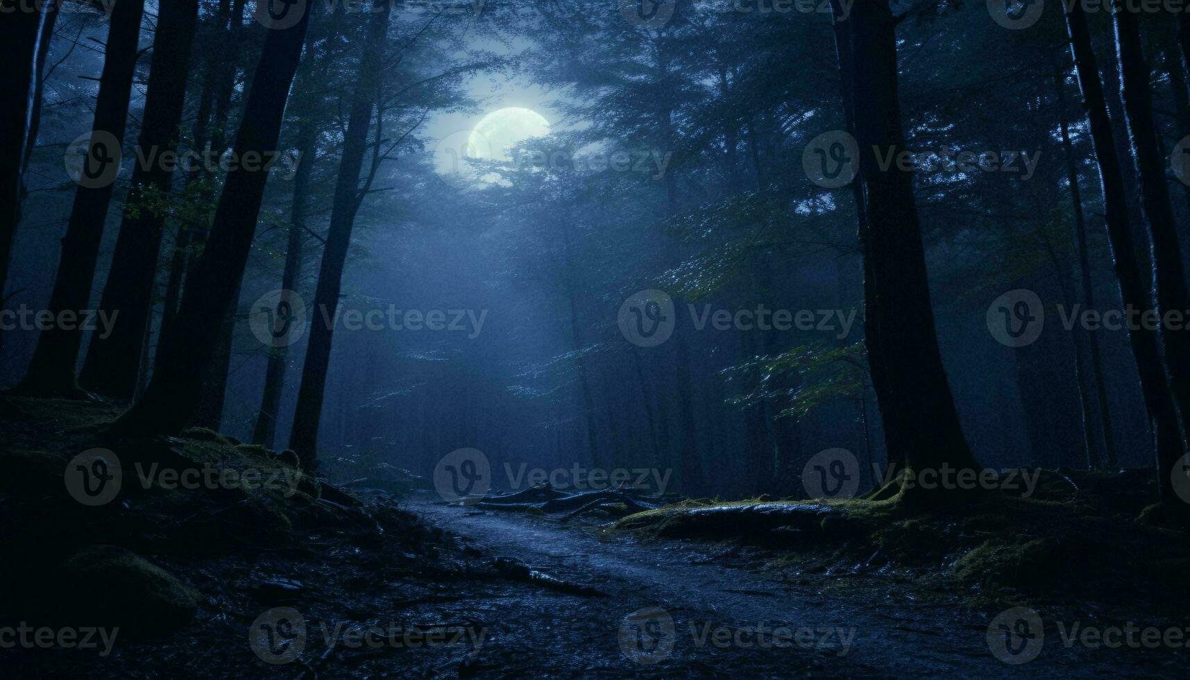 A mysterious forest trail enveloped in darkness AI Generated photo