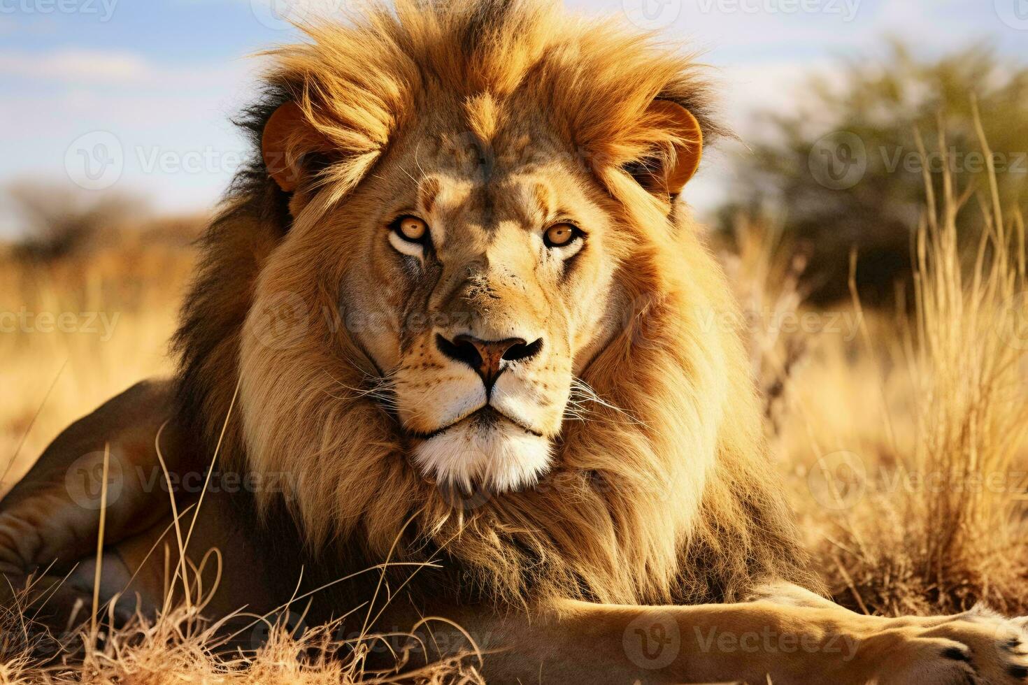 A majestic lion resting in a golden savannah AI Generated photo