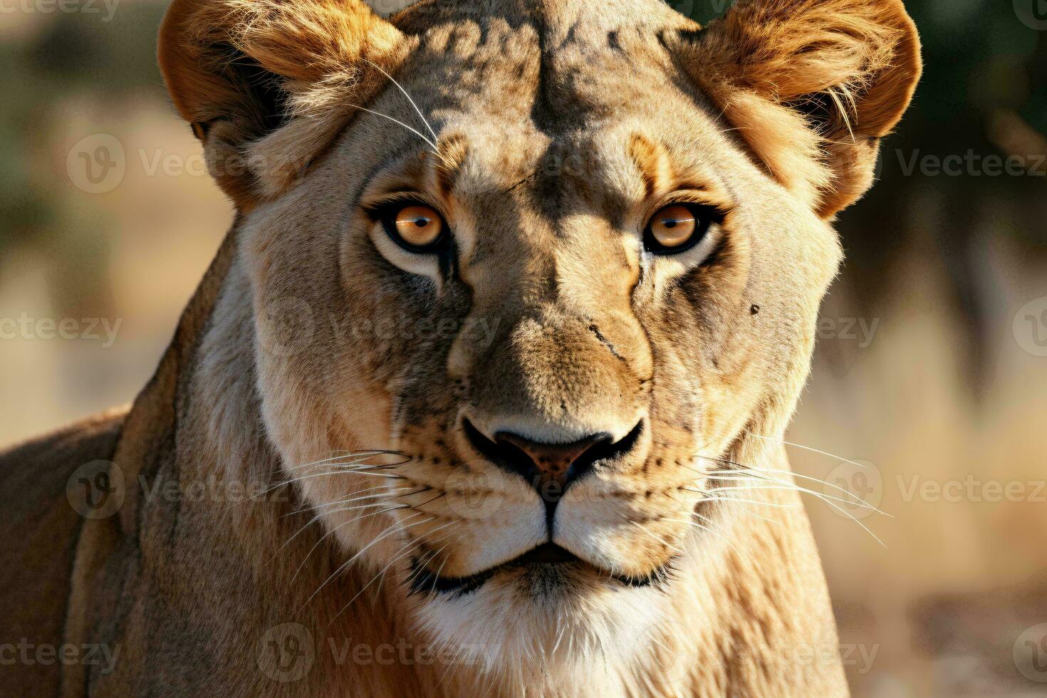 A majestic lion making eye contact with the camera AI Generated photo