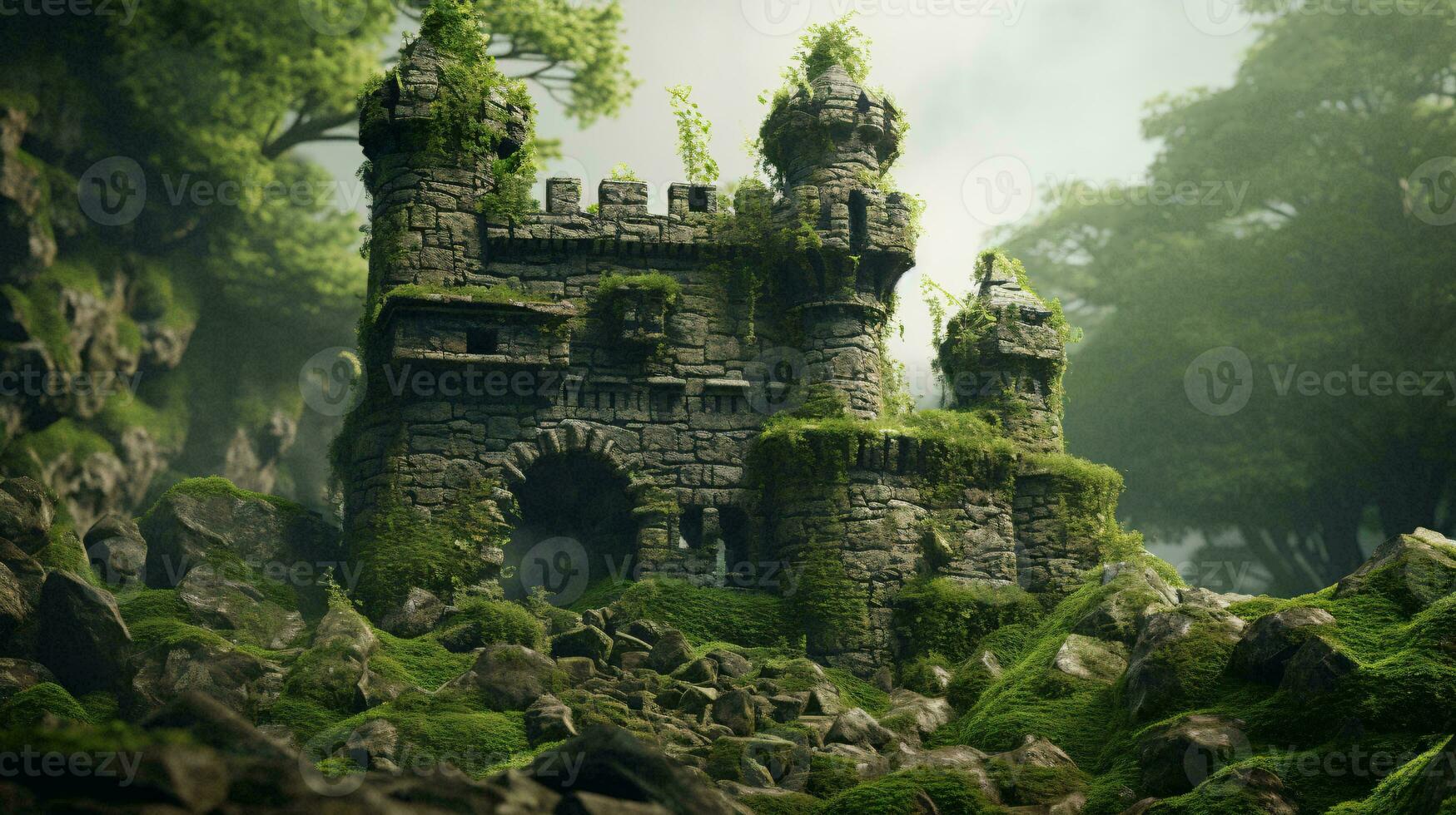 A medieval stone castle covered in lush green moss AI Generated photo