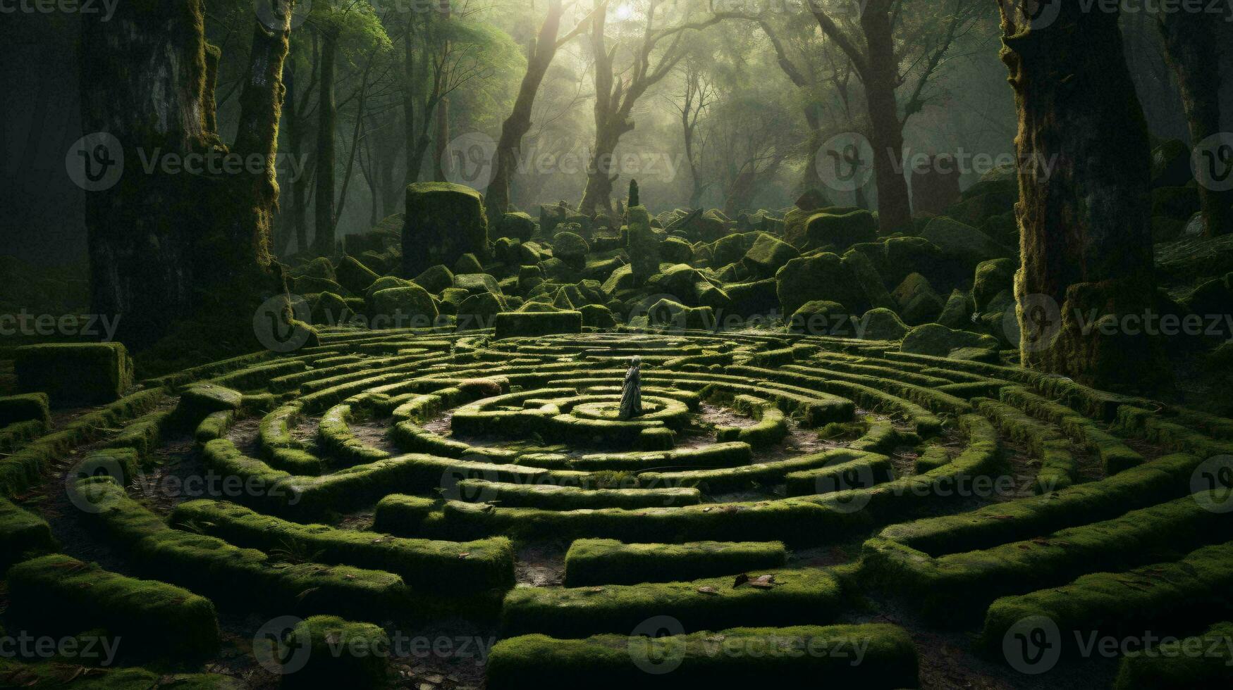 A stunning circular maze nestled in the heart of a lush forest AI Generated photo