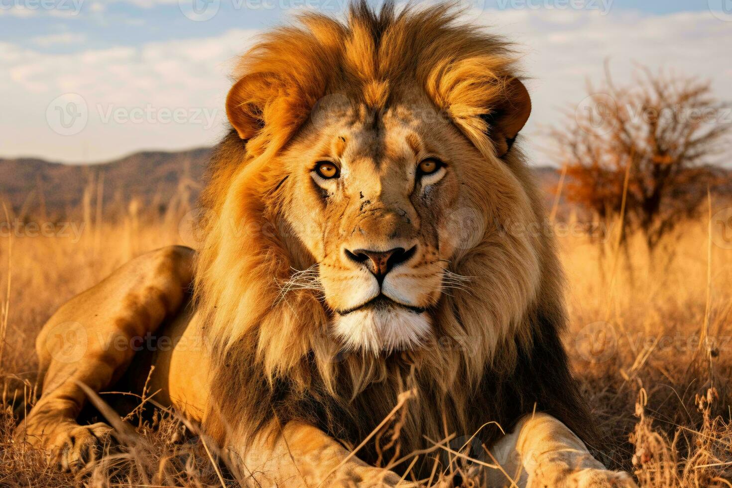 A majestic lion resting in a vast field AI Generated photo