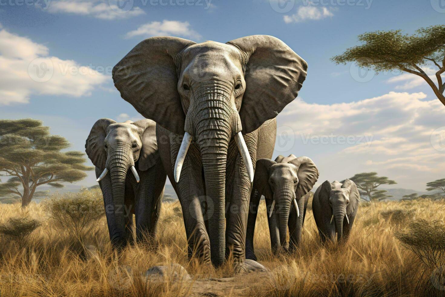 A majestic herd of elephants gracefully crossing a golden grass field AI Generated photo