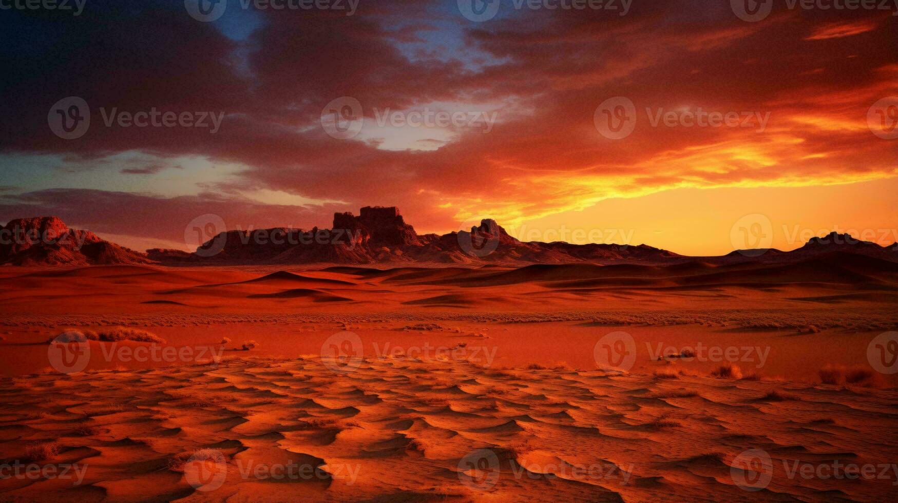 un Desierto paisaje con un puesta de sol ai generado foto