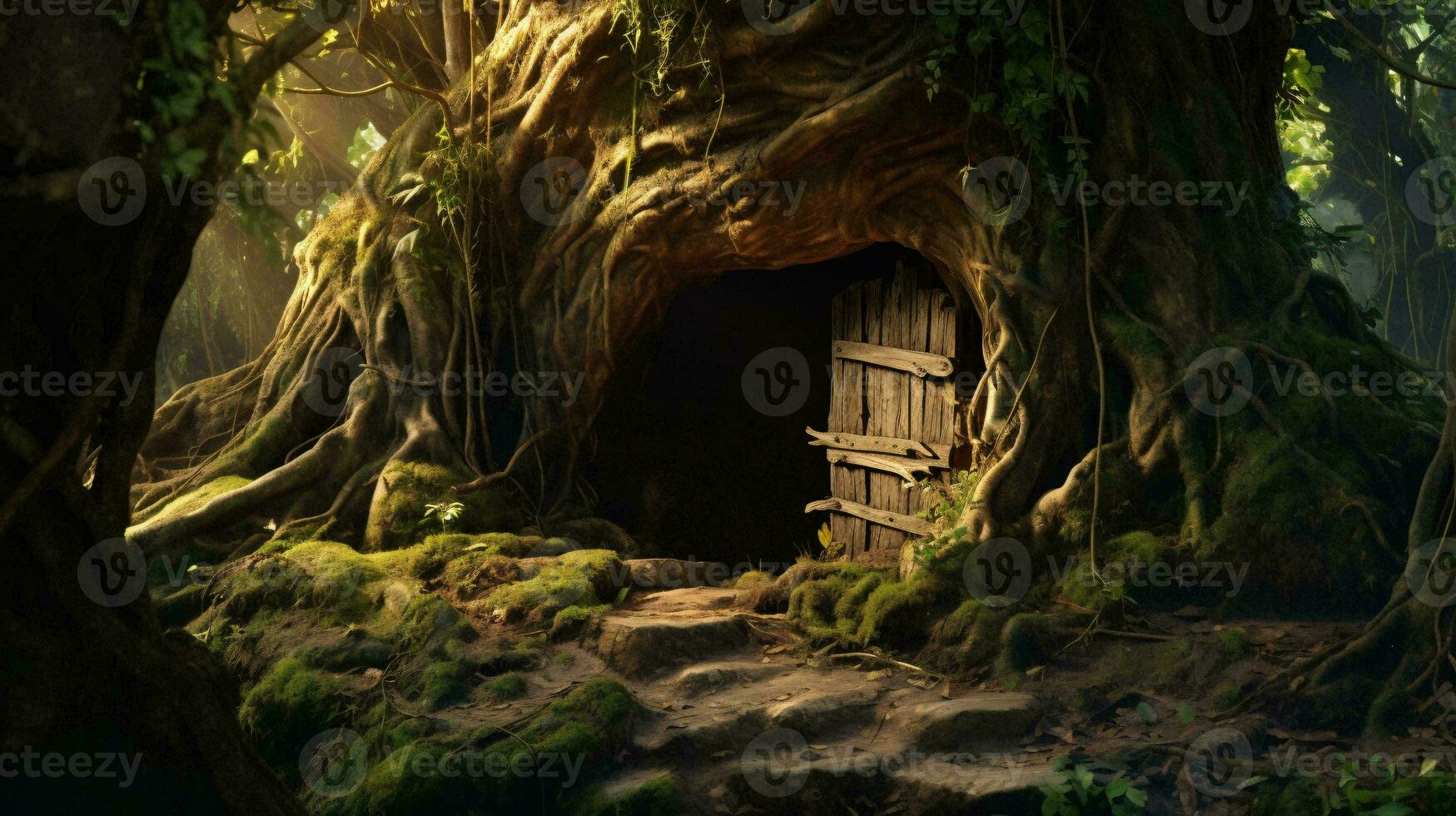 a cave in the woods AI Generated photo