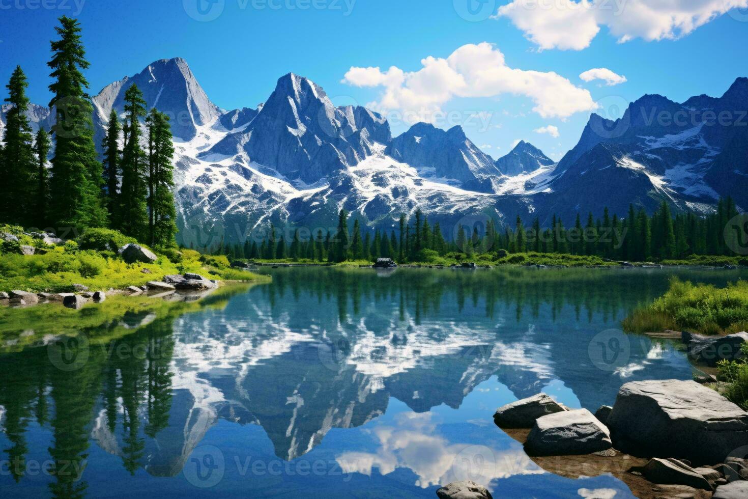 a lake with trees and mountains in the background AI Generated photo