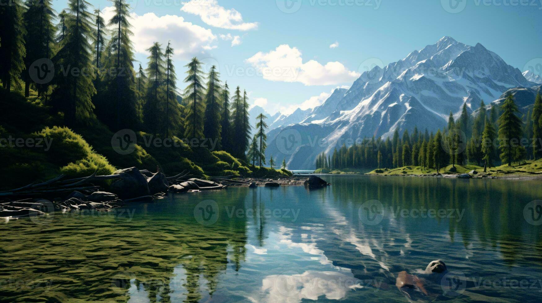 a lake with trees and mountains in the background AI Generated photo