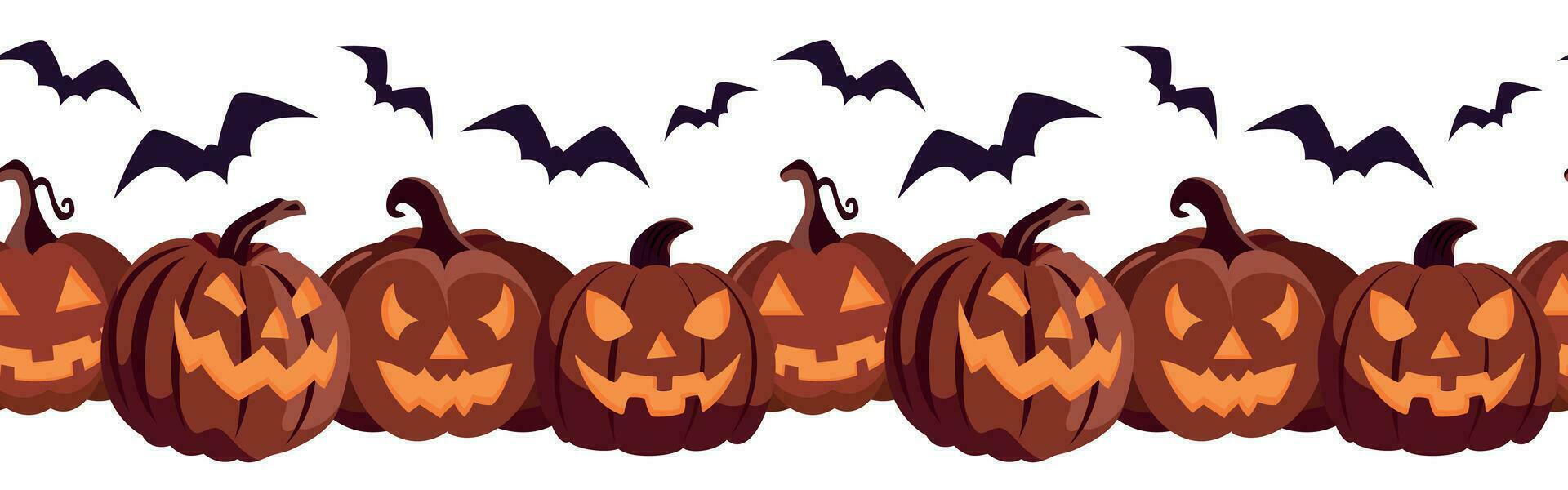 Scary Halloween pumpkin lanterns seamless border. Isolated on white background. Happy Halloween banner design. vector