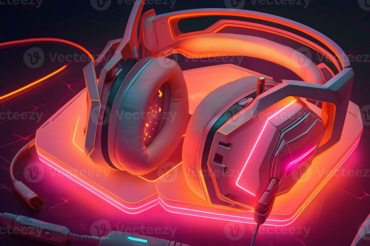 Gaming headphones and neon lighting. Neural network AI generated photo