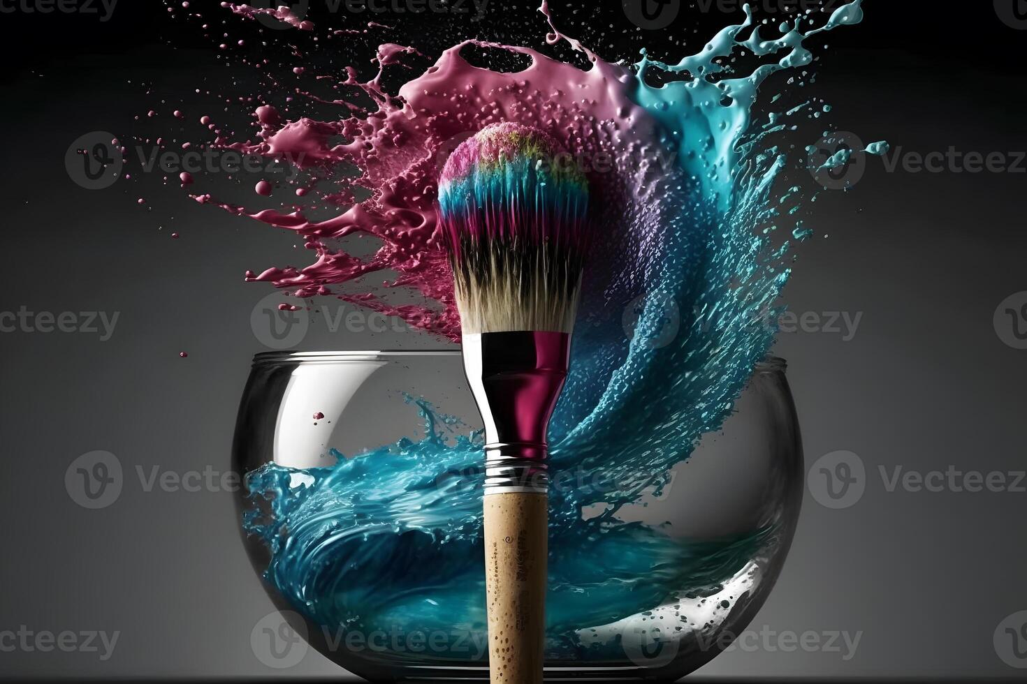 Makeup brush and rainbow paint splash. Neural network AI generated photo