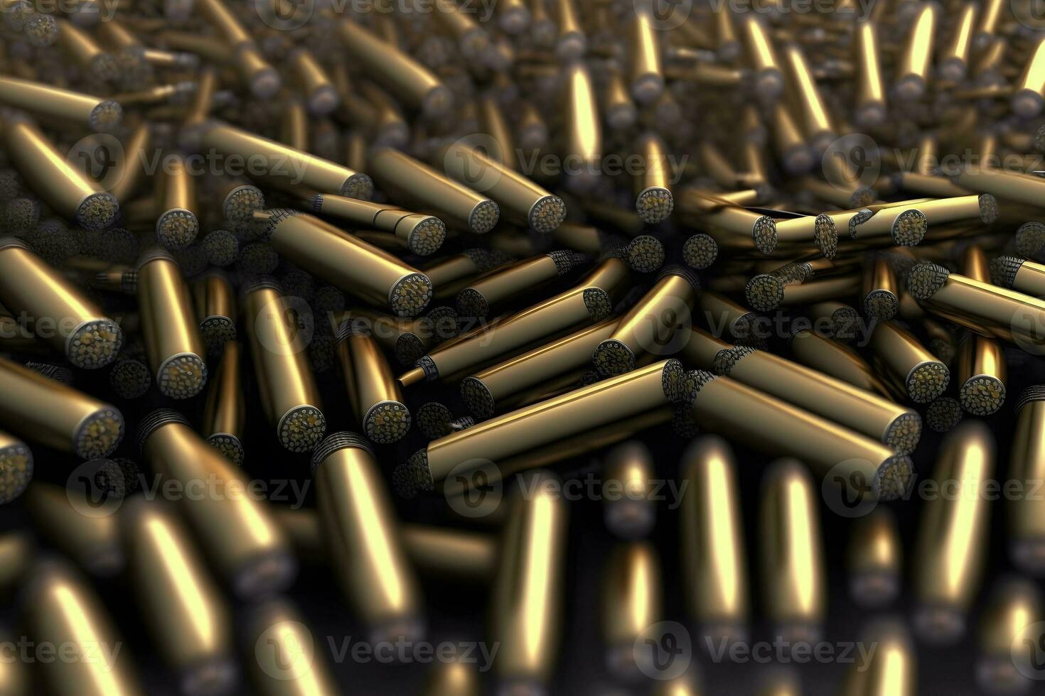 A pile of ammunition for weapons. Cartridges for machine guns and carbines. Background from new shiny cartridges. Neural network AI generated photo
