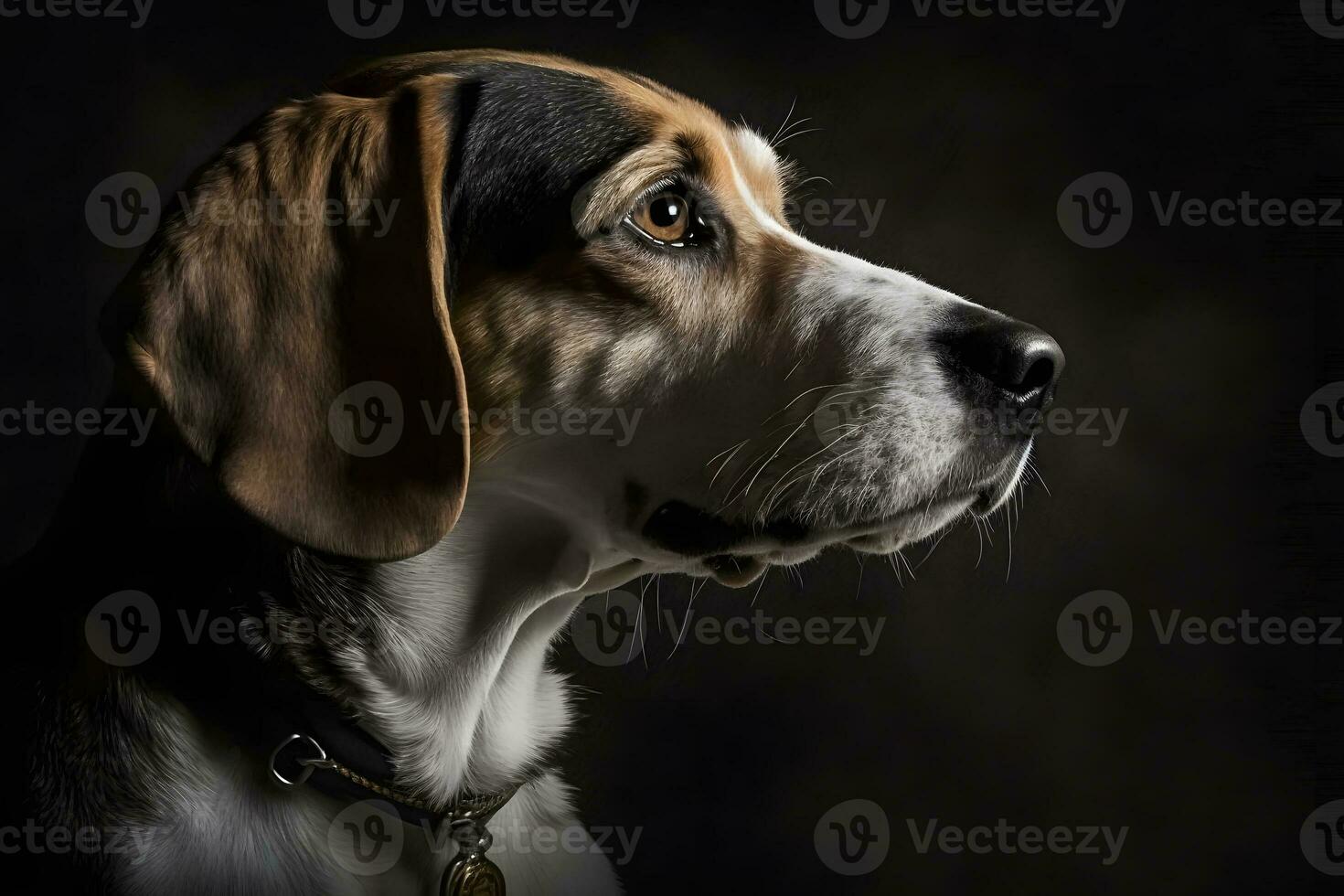 Beagle dog in portrait against black background. Neural network AI generated photo