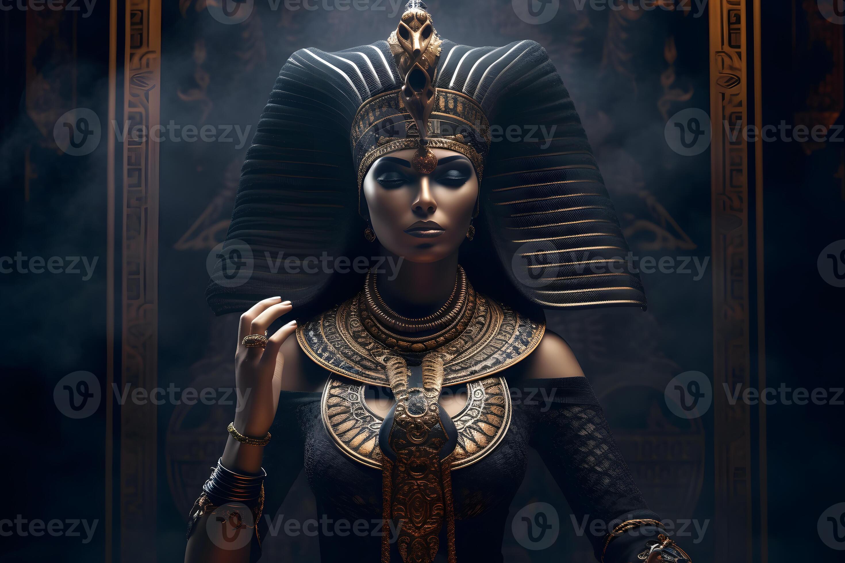 Egyptian goddess on black background. Neural network AI generated