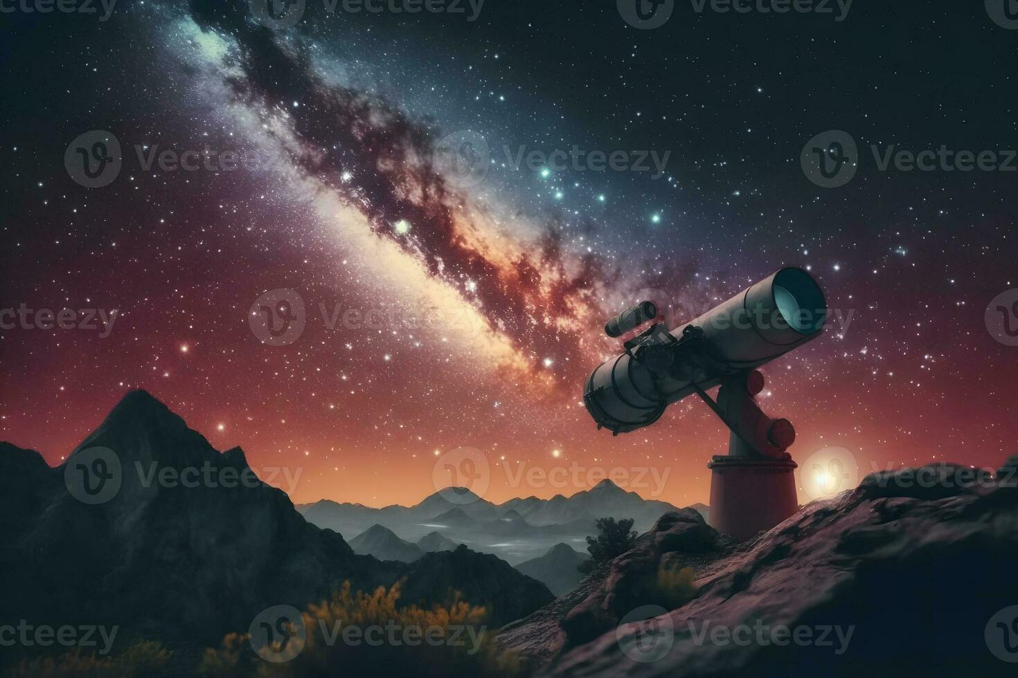 Infinite space background with silhouette of telescope. Neural network AI generated photo