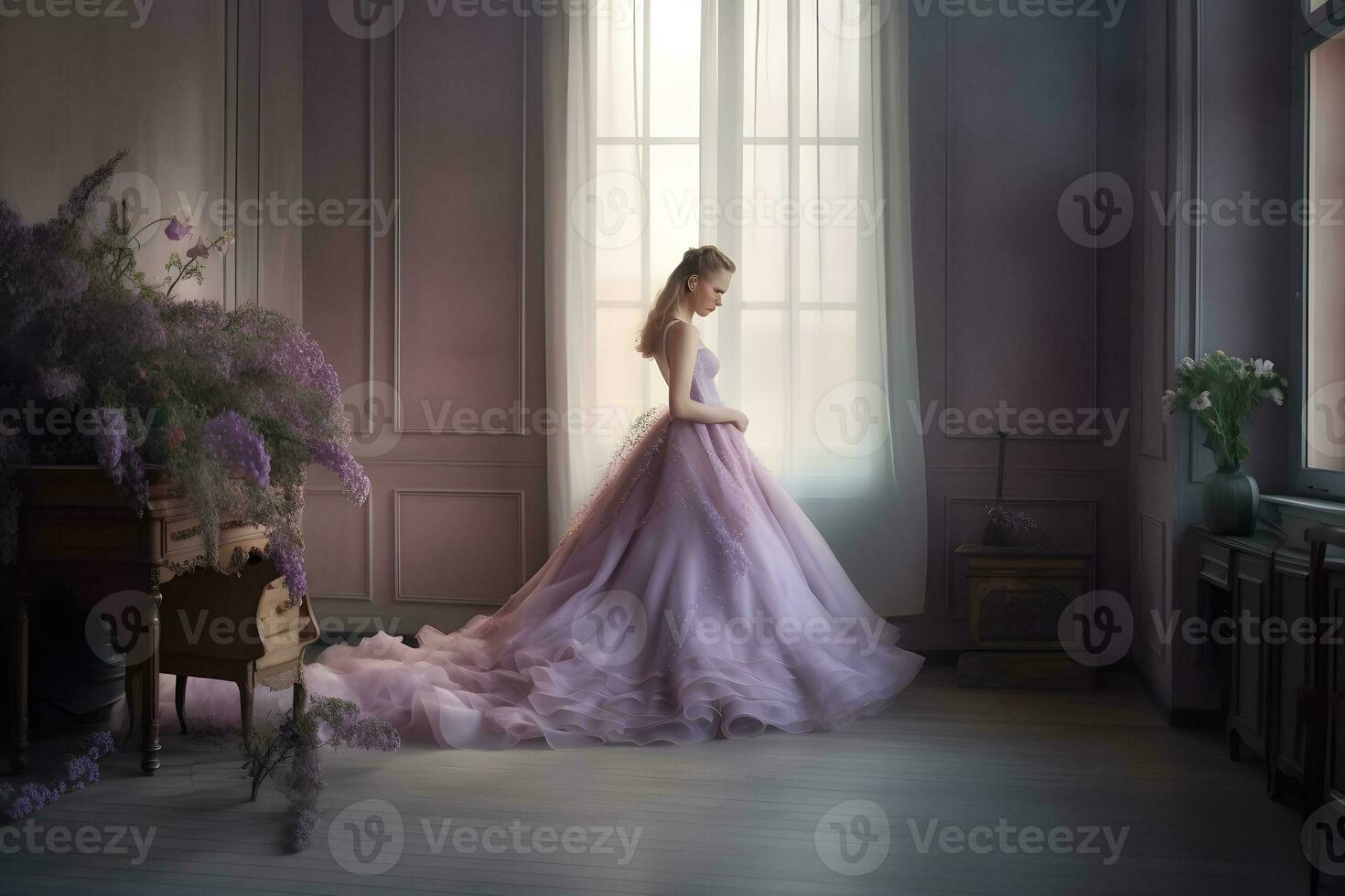 Beautiful fantasy woman in purple clothes. Neural network AI generated photo