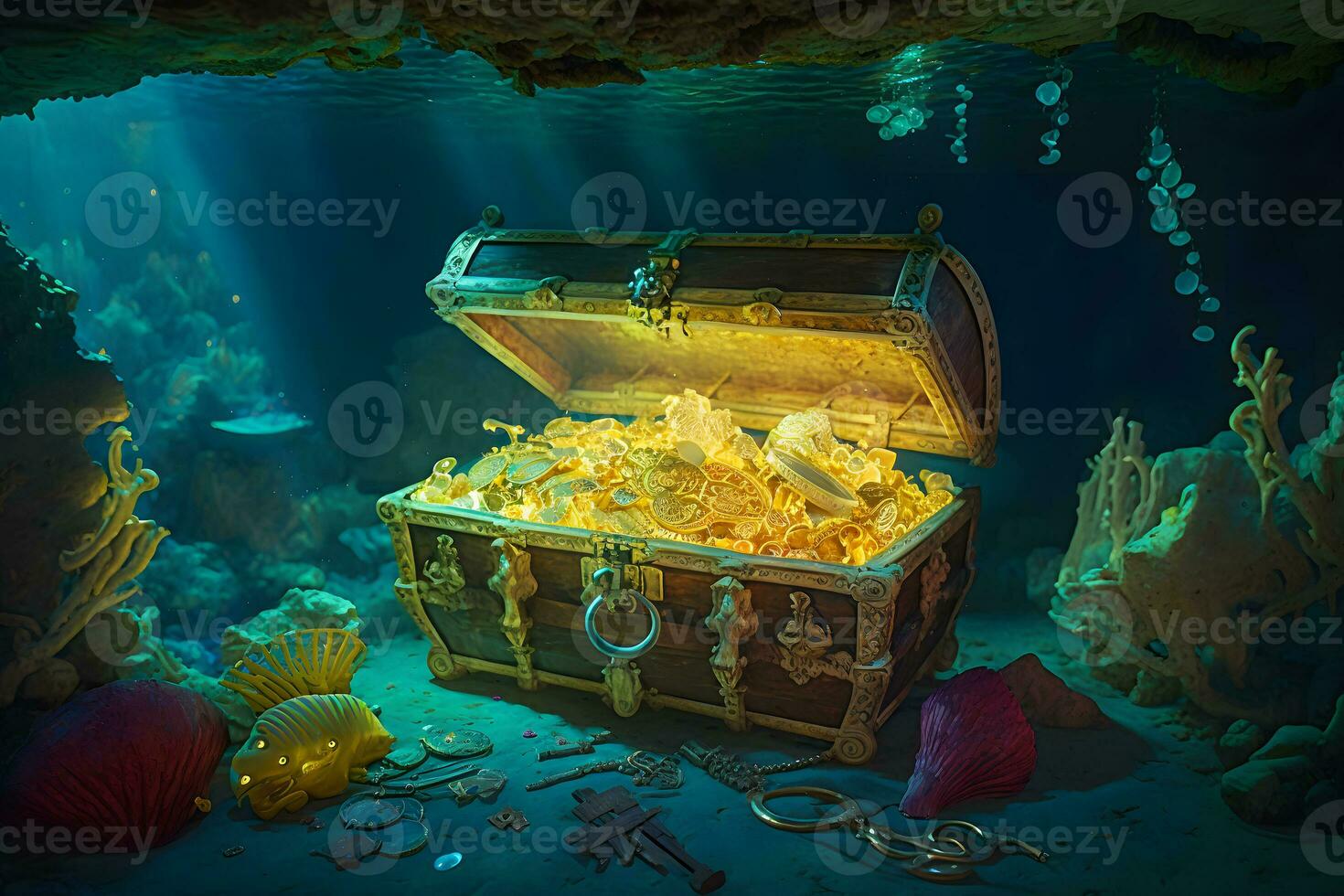 underwater treasure chest. Neural network AI generated photo