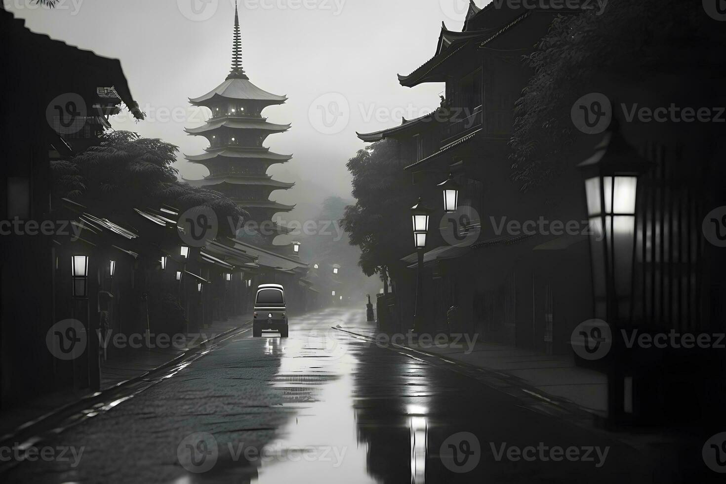 Asian city landscape black and white. Neural network AI generated photo