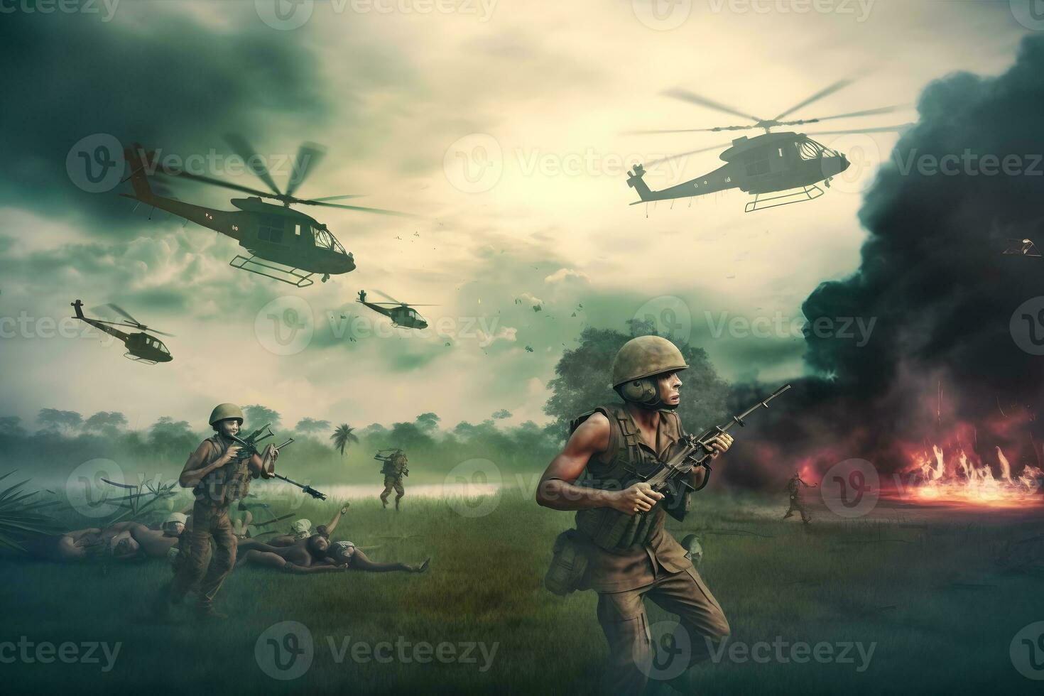 Vietnam war with helicopters and explosions. Neural network AI generated photo