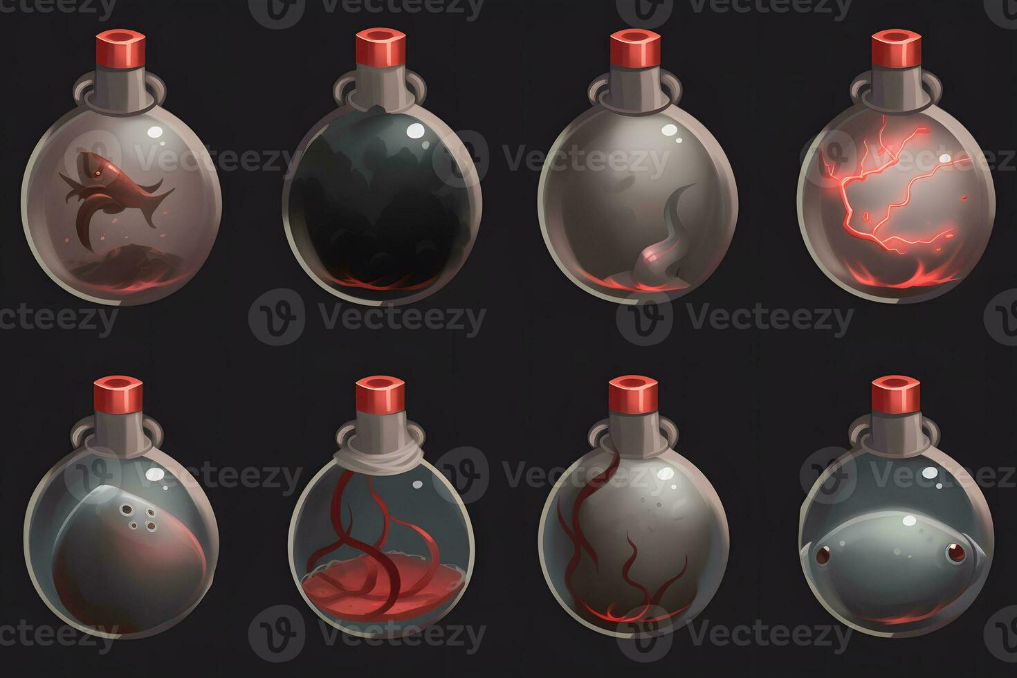 Set of magical red potion bottles. Neural network AI generated art photo
