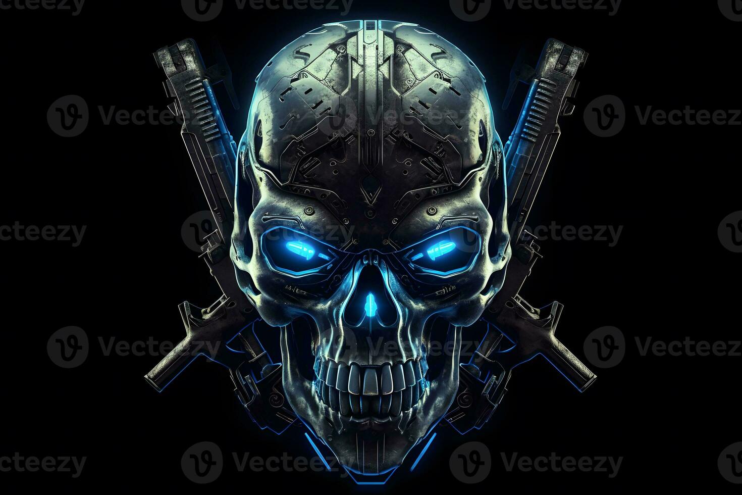 Blue punk cyber human skull with weapon. Neural network AI generated photo