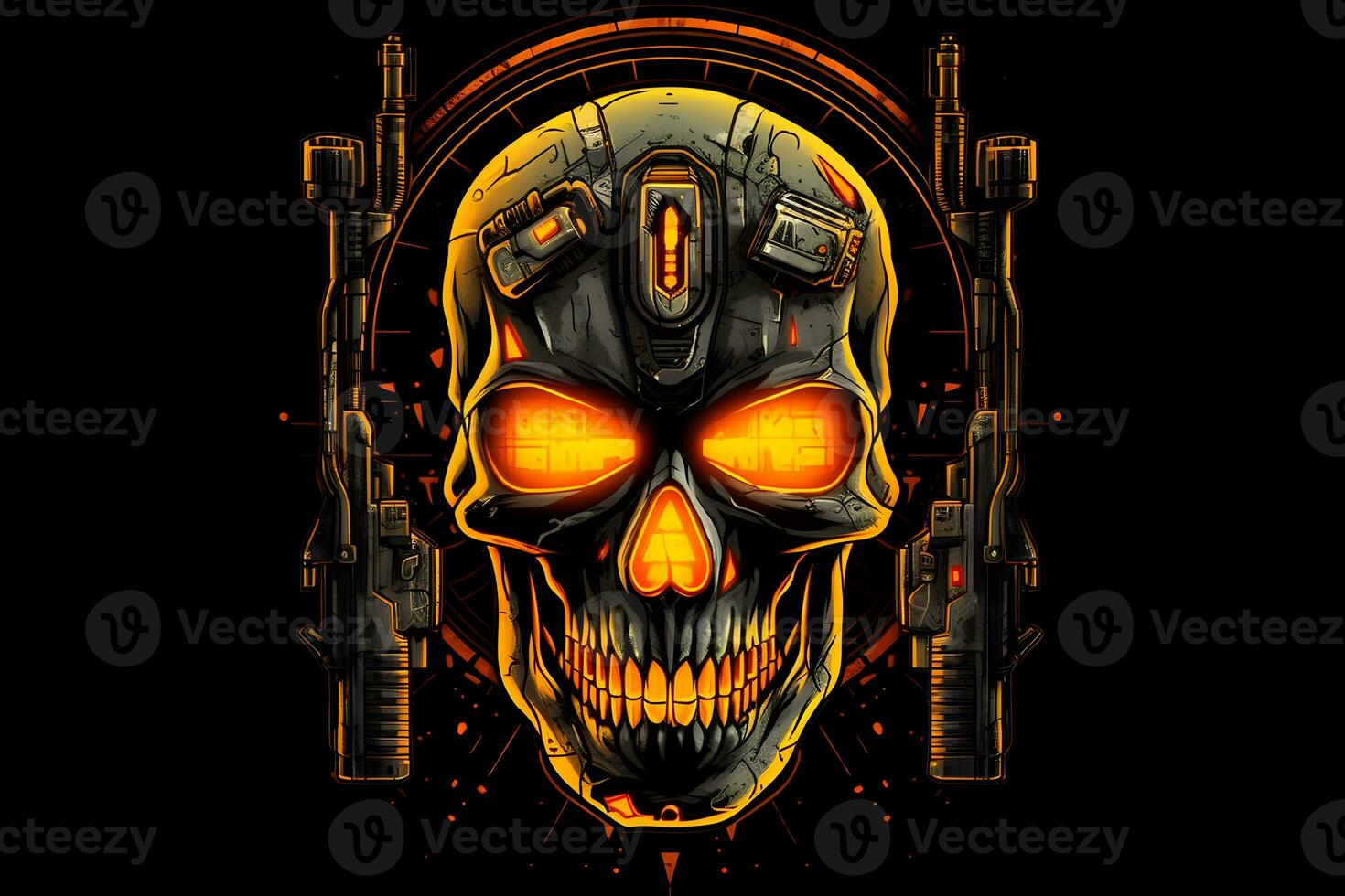 Yellow punk cyber human skull with weapon. Neural network AI generated photo